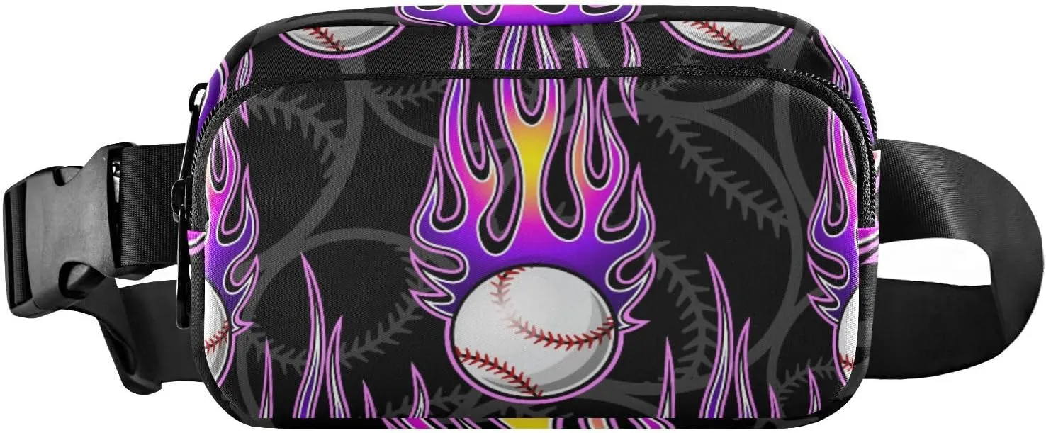 Fanny Pack for Women Men Baseball Purple Flames Belt Waist Pack Bum Bag Wallets for Running Cycling Hiking Travel Workout with Adjustable Strap