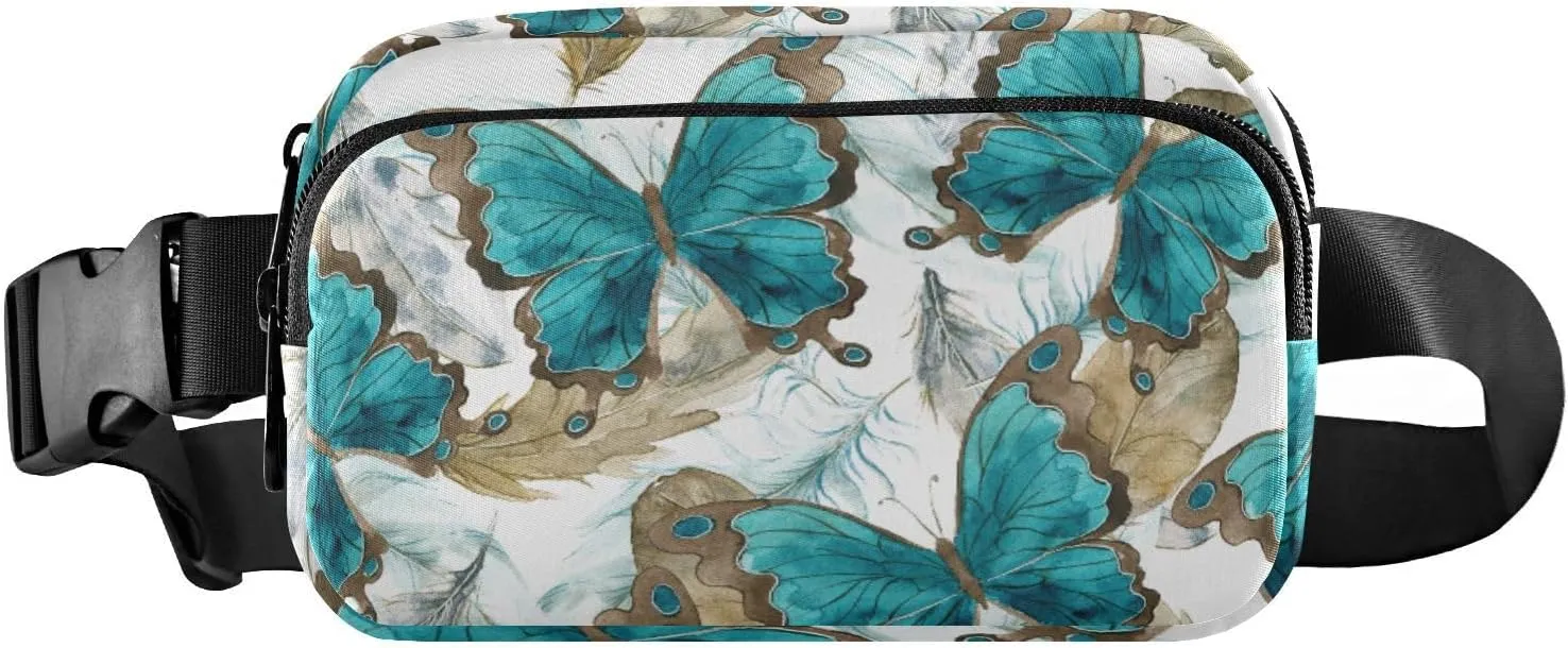 Fanny Pack for Women Men Blue Butterflies Birds Feathers Belt Waist Pack Bum Bag Wallets for Running Cycling Hiking Travel Workout with Adjustable Strap