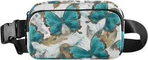 Fanny Pack for Women Men Blue Butterflies Birds Feathers Belt Waist Pack Bum Bag Wallets for Running Cycling Hiking Travel Workout with Adjustable Strap