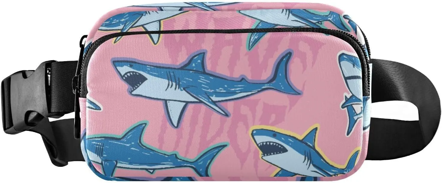 Fanny Pack for Women Men Cartoon Sharks Pink Belt Waist Pack Bum Bag Wallets for Running Cycling Hiking Travel Workout with Adjustable Strap
