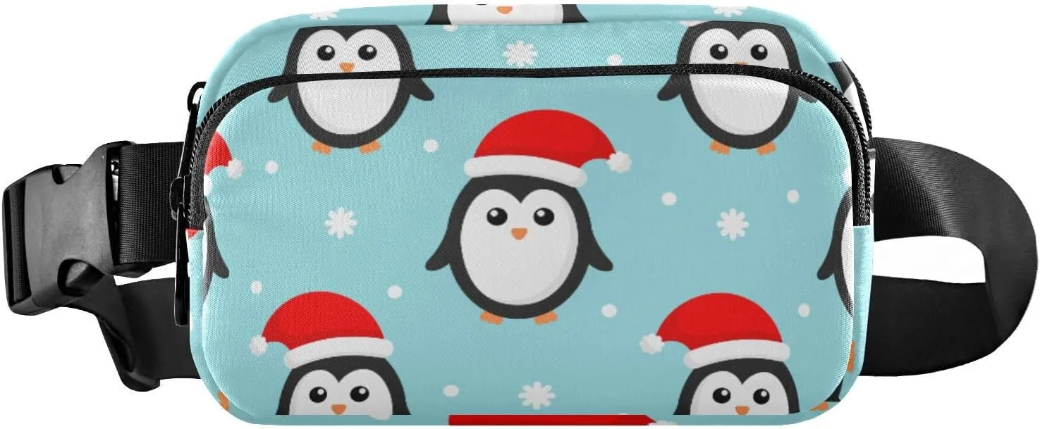 Fanny Pack for Women Men Christmas Penguins Blue Belt Waist Pack Bum Bag Wallets for Running Cycling Hiking Travel Workout with Adjustable Strap