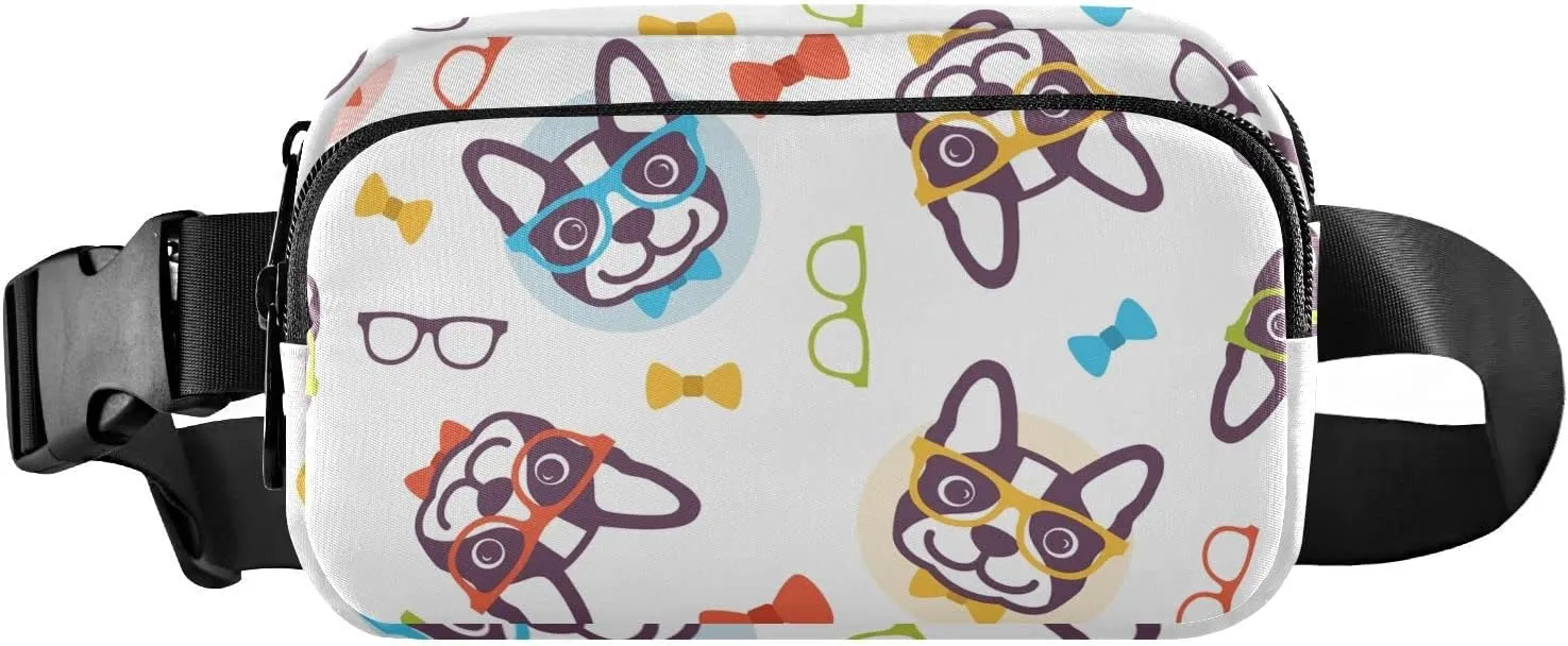 Fanny Pack for Women Men Colorful Glasses Frenchie Dog Belt Waist Pack Bum Bag Wallets for Running Cycling Hiking Travel Workout with Adjustable Strap