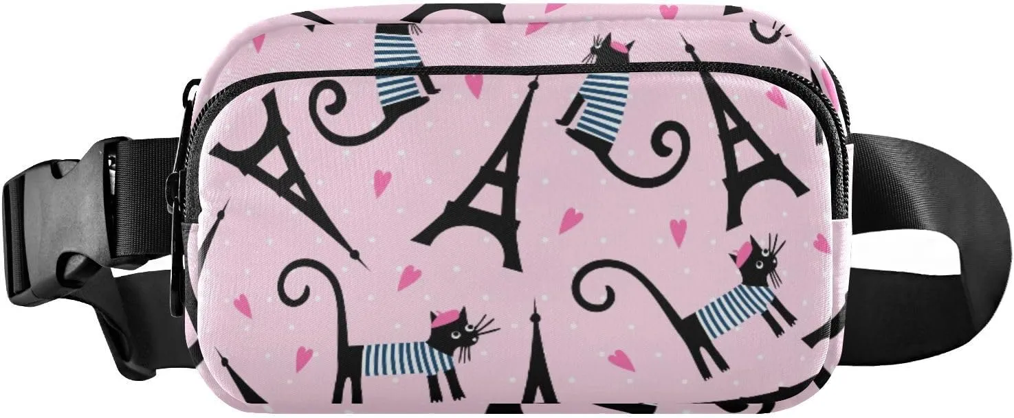Fanny Pack for Women Men Cute Cat Eiffel Tower Heart Belt Waist Pack Bum Bag Wallets for Running Cycling Hiking Travel Workout with Adjustable Strap