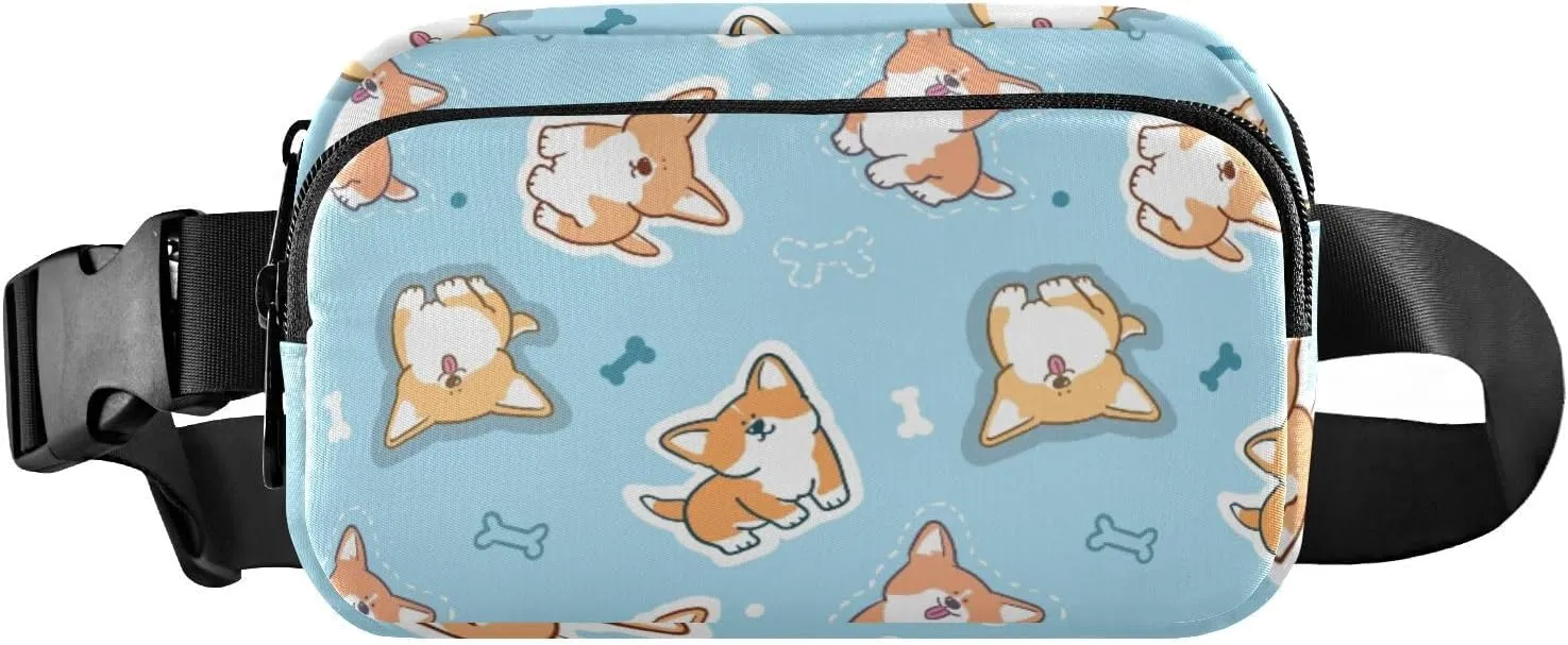 Fanny Pack for Women Men Cute Corgi Dog Blue Belt Waist Pack Bum Bag Wallets for Running Cycling Hiking Travel Workout with Adjustable Strap
