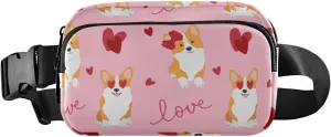 Fanny Pack for Women Men Cute Corgis Pink Hearts Belt Waist Pack Bum Bag Wallets for Running Cycling Hiking Travel Workout with Adjustable Strap
