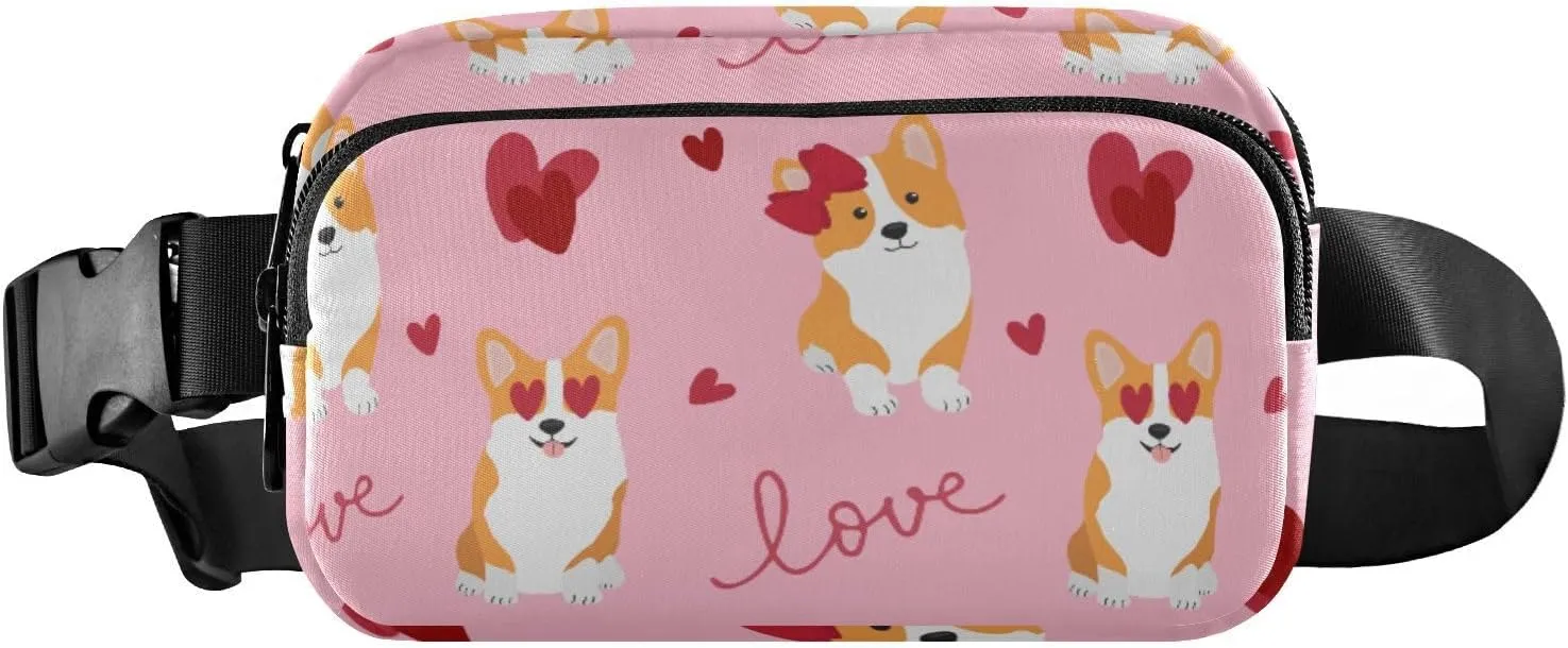 Fanny Pack for Women Men Cute Corgis Pink Hearts Belt Waist Pack Bum Bag Wallets for Running Cycling Hiking Travel Workout with Adjustable Strap