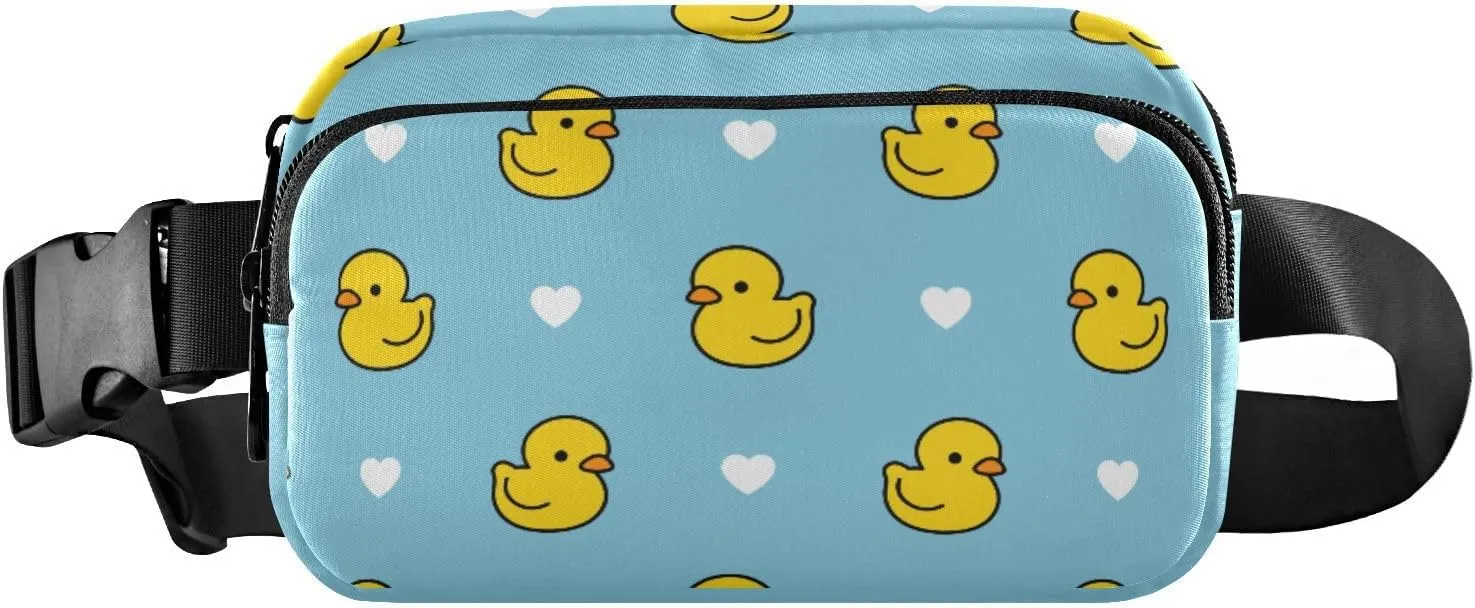 Fanny Pack for Women Men Cute Duck Blue Heart Belt Waist Pack Bum Bag Wallets for Running Cycling Hiking Travel Workout with Adjustable Strap
