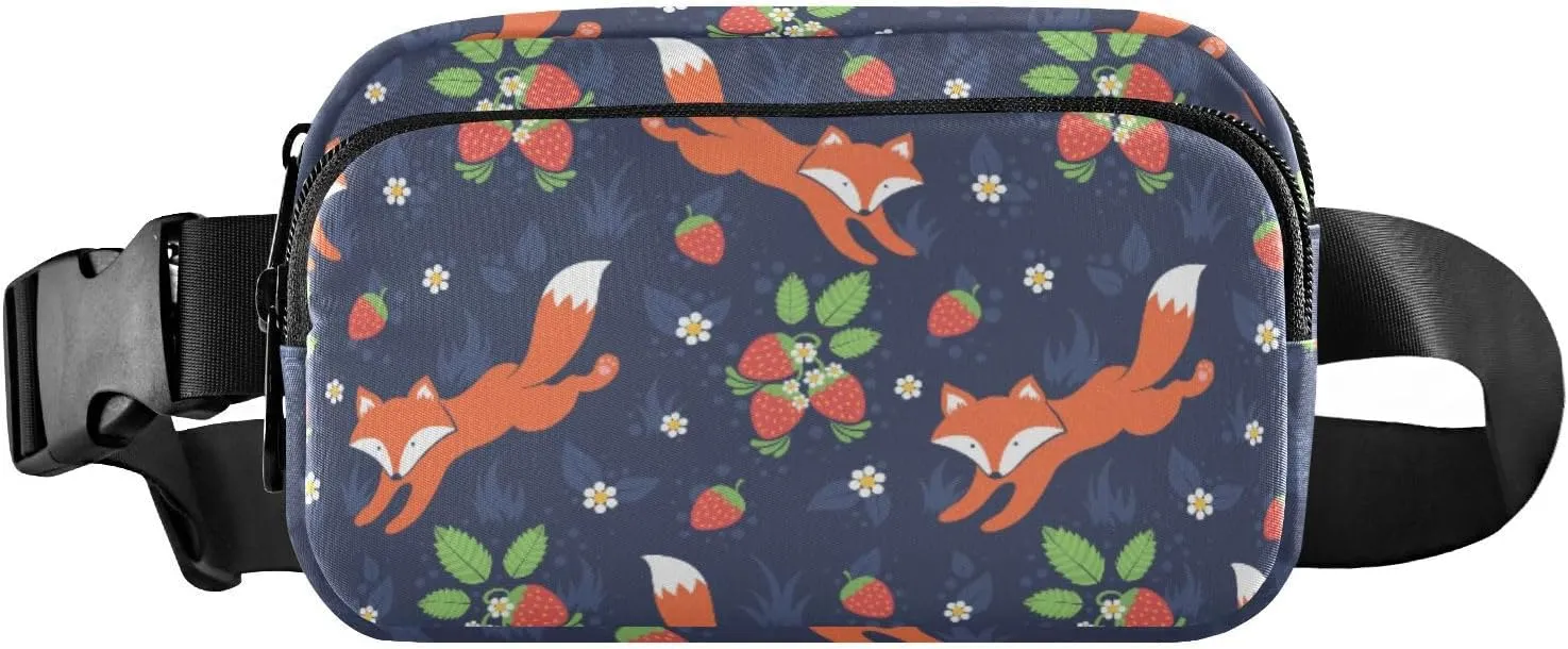 Fanny Pack for Women Men Cute Foxes Strawberries Belt Waist Pack Bum Bag Wallets for Running Cycling Hiking Travel Workout with Adjustable Strap