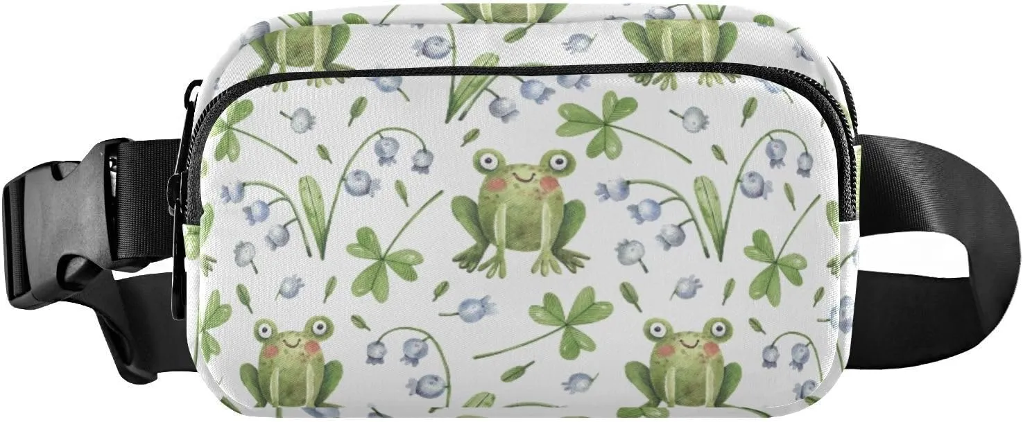 Fanny Pack for Women Men Cute Frogs Clover Flowers Belt Waist Pack Bum Bag Wallets for Running Cycling Hiking Travel Workout with Adjustable Strap