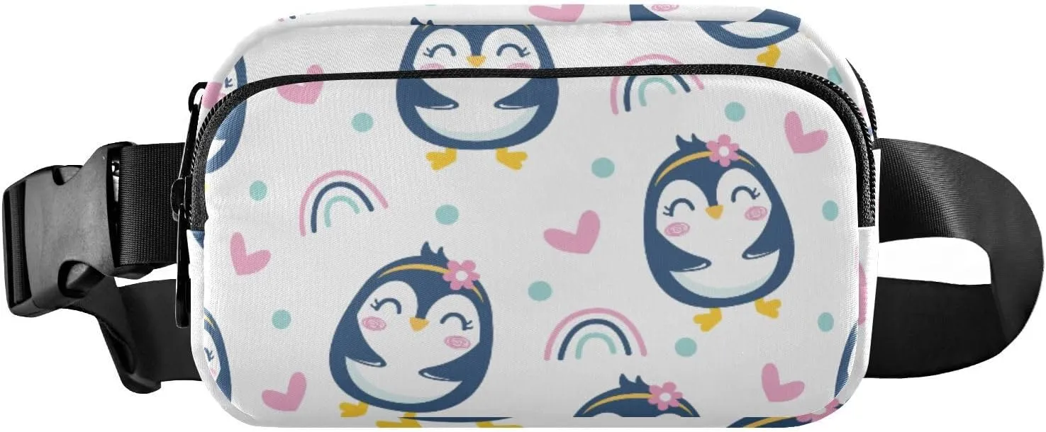 Fanny Pack for Women Men Cute Penguin Heart Rainbow Belt Waist Pack Bum Bag Wallets for Running Cycling Hiking Travel Workout with Adjustable Strap