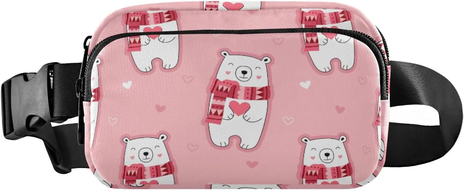 Fanny Pack for Women Men Cute Polar Bear Hearts Belt Waist Pack Bum Bag Wallets for Running Cycling Hiking Travel Workout with Adjustable Strap