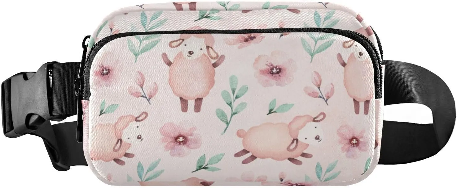 Fanny Pack for Women Men Cute Sheep Flowers Belt Waist Pack Bum Bag Wallets for Running Cycling Hiking Travel Workout with Adjustable Strap
