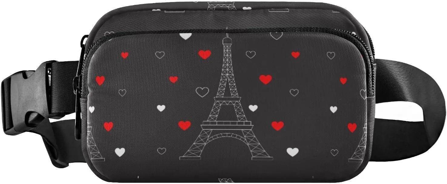 Fanny Pack for Women Men Eiffel Tower Hearts Belt Waist Pack Bum Bag Wallets for Running Cycling Hiking Travel Workout with Adjustable Strap