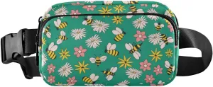 Fanny Pack for Women Men Green Flower Bees Belt Waist Pack Bum Bag Wallets for Running Cycling Hiking Travel Workout with Adjustable Strap