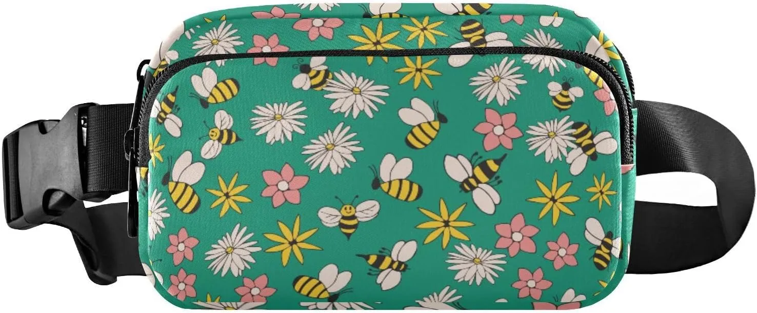 Fanny Pack for Women Men Green Flower Bees Belt Waist Pack Bum Bag Wallets for Running Cycling Hiking Travel Workout with Adjustable Strap