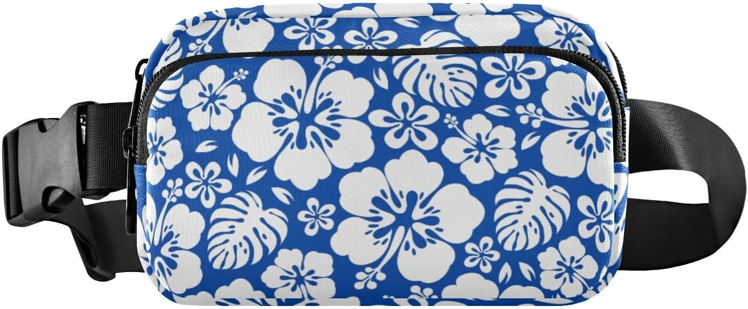Fanny Pack for Women Men Navy Blue Hibiscus Flower Belt Waist Pack Bum Bag Wallets for Running Cycling Hiking Travel Workout with Adjustable Strap