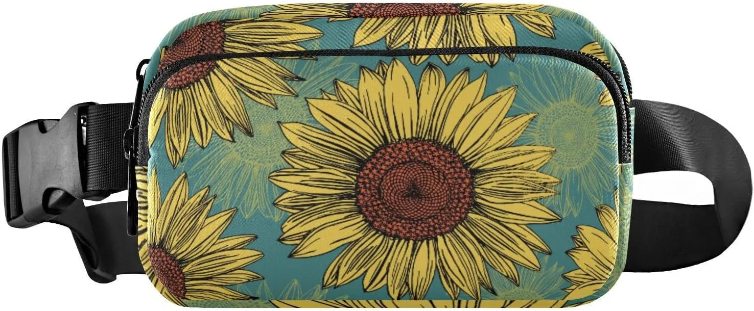 Fanny Pack for Women Men Sunflowers Hand Drawn Mint Blue Belt Waist Pack Bum Bag Wallets for Running Cycling Hiking Travel Workout with Adjustable Strap