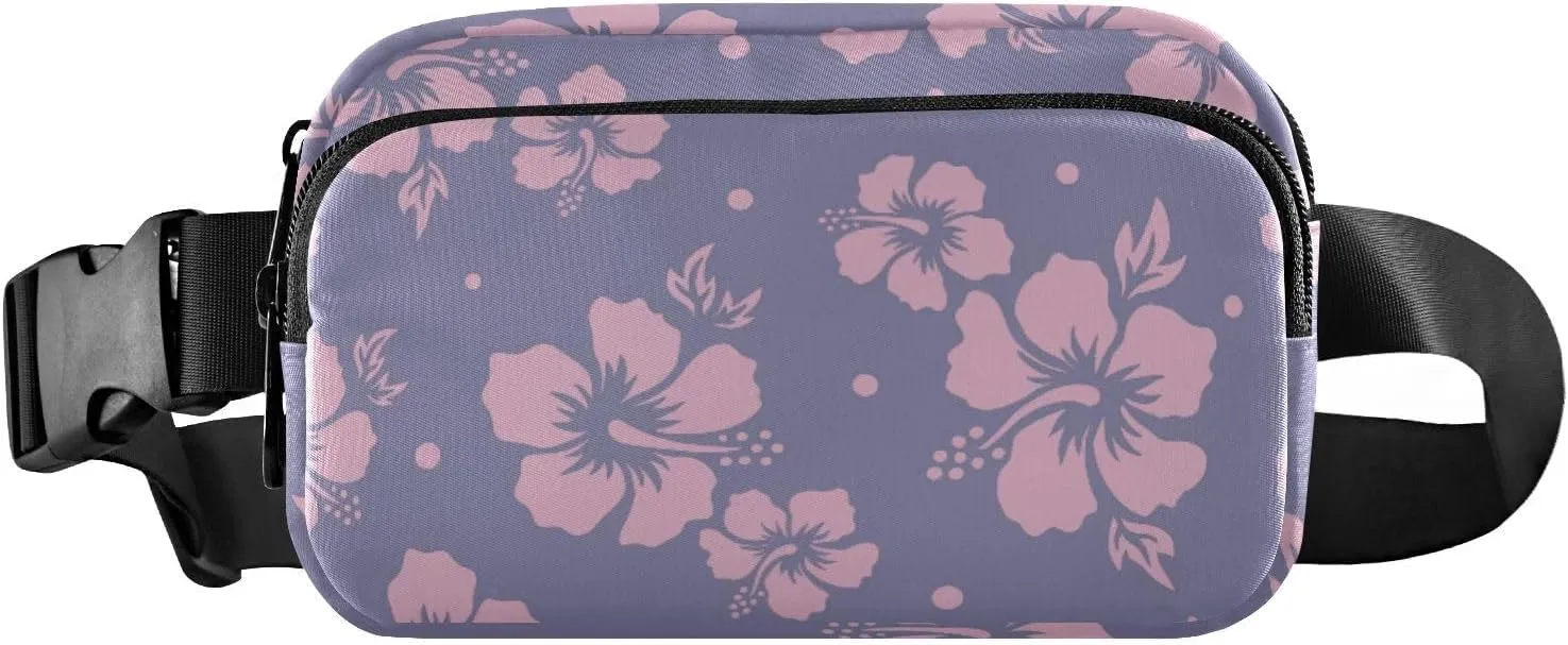 Fanny Pack for Women Men Tropical Pink Purple Hibiscus Flowers Belt Waist Pack Bum Bag Wallets for Running Cycling Hiking Travel Workout with Adjustable Strap