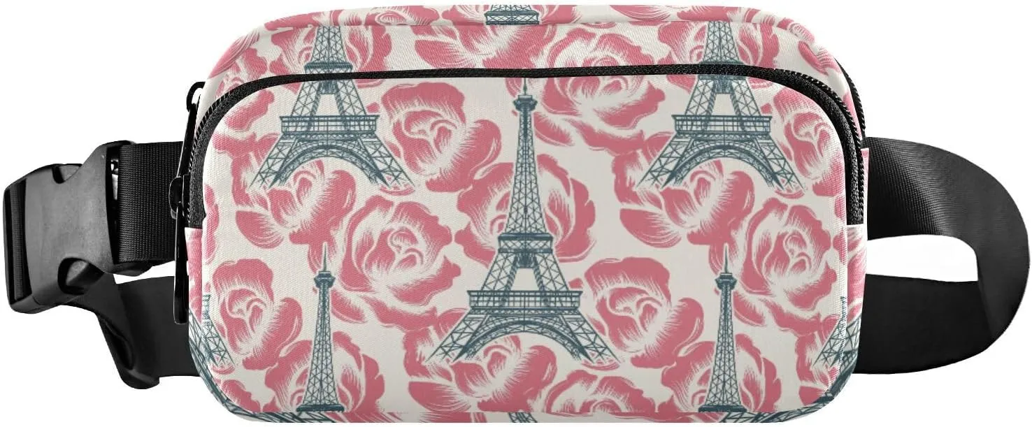 Fanny Pack for Women Men Vintage Roses Eiffel Tower Belt Waist Pack Bum Bag Wallets for Running Cycling Hiking Travel Workout with Adjustable Strap