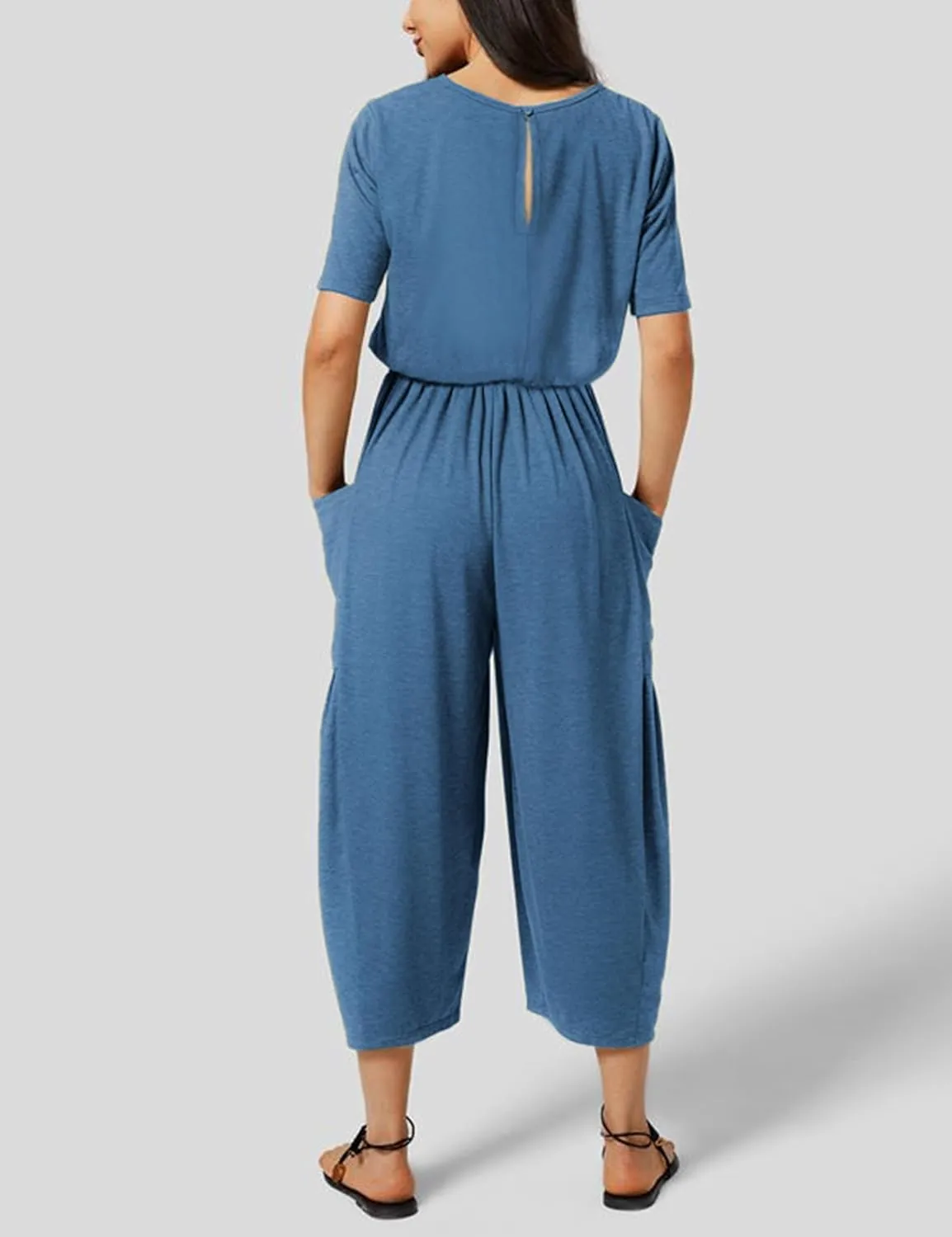Fiona Jolin Jumpsuits for Women Casual Summer Short Sleeve Wide Leg Jumper Long Rompers with Pockets