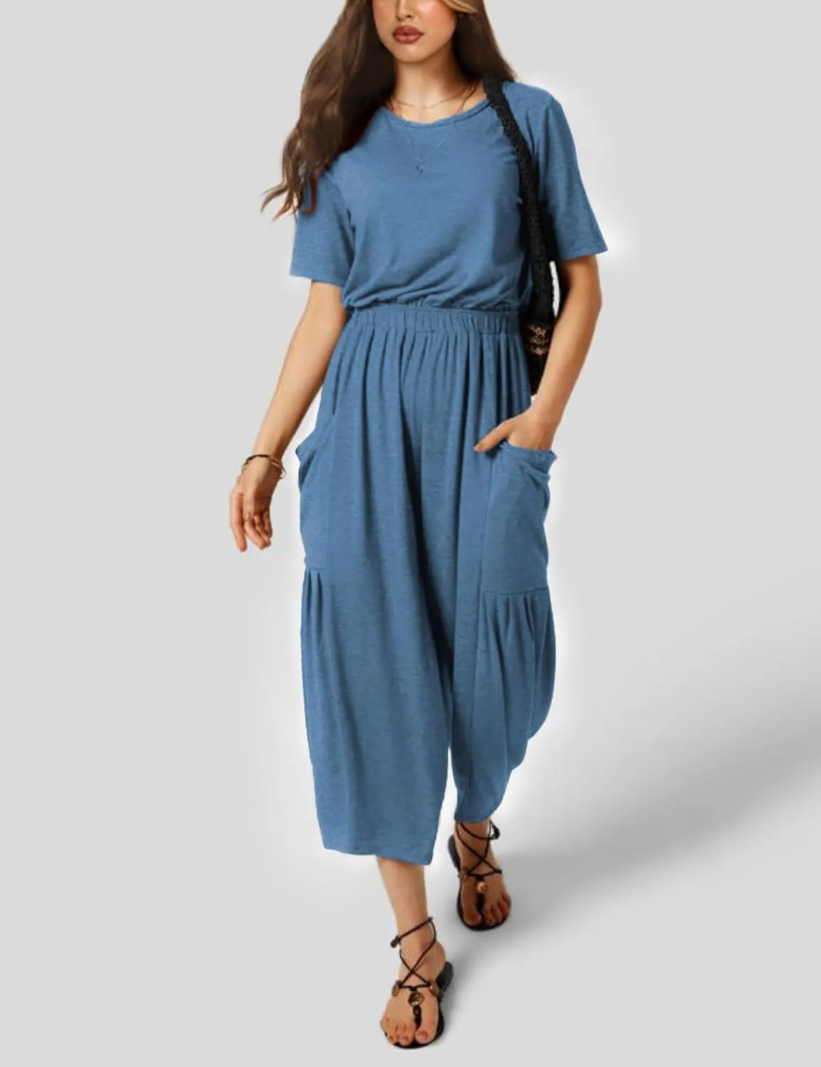 Fiona Jolin Jumpsuits for Women Casual Summer Short Sleeve Wide Leg Jumper Long Rompers with Pockets