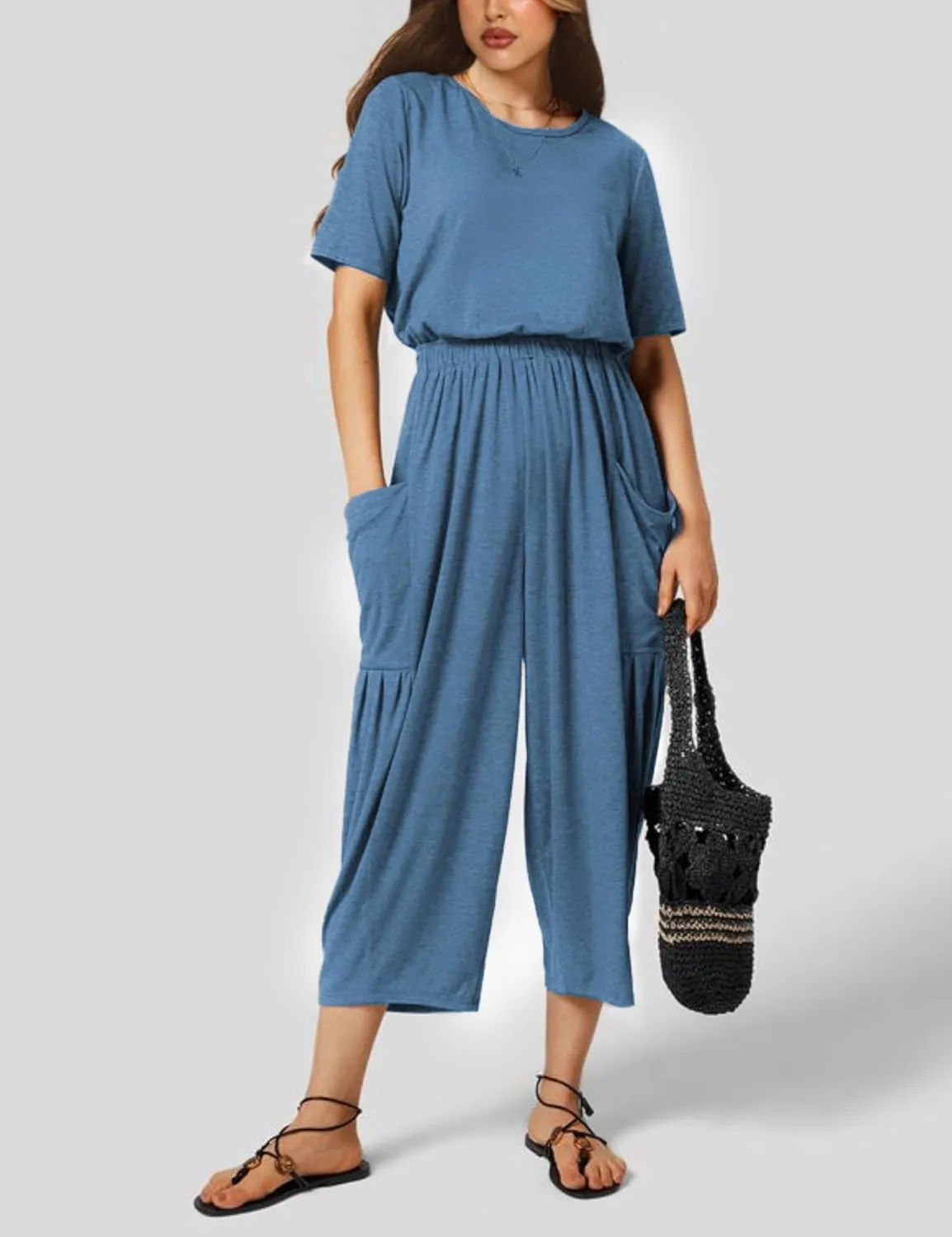Fiona Jolin Jumpsuits for Women Casual Summer Short Sleeve Wide Leg Jumper Long Rompers with Pockets