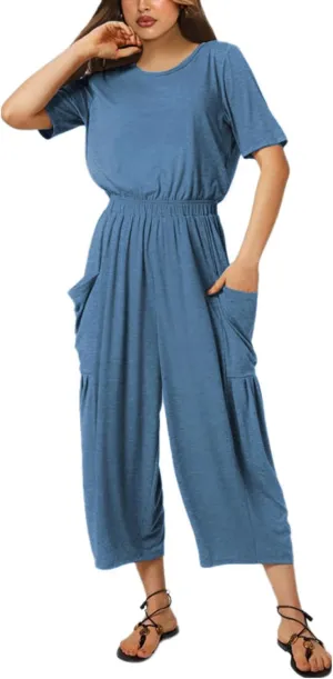 Fiona Jolin Jumpsuits for Women Casual Summer Short Sleeve Wide Leg Jumper Long Rompers with Pockets