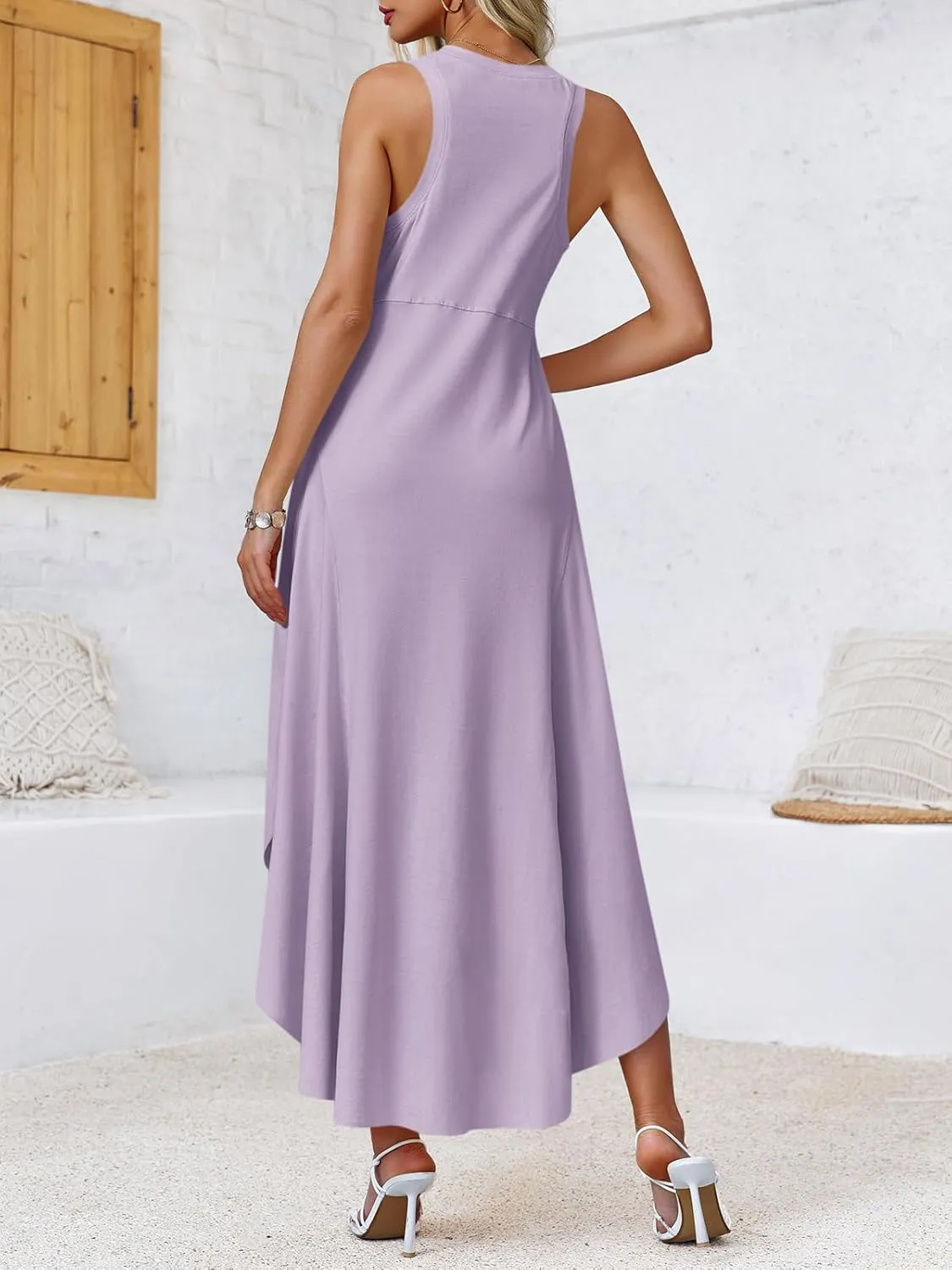 Fisoew Womens Summer Sleeveless Maxi Dress Asymmetrical Hem Crew Neck High Waist A Line Flowy Casual Long Beach Dress