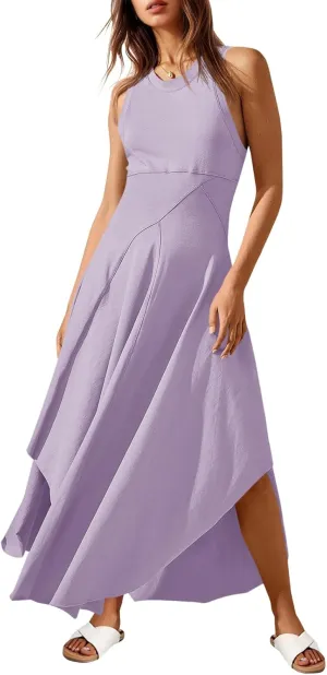 Fisoew Womens Summer Sleeveless Maxi Dress Asymmetrical Hem Crew Neck High Waist A Line Flowy Casual Long Beach Dress