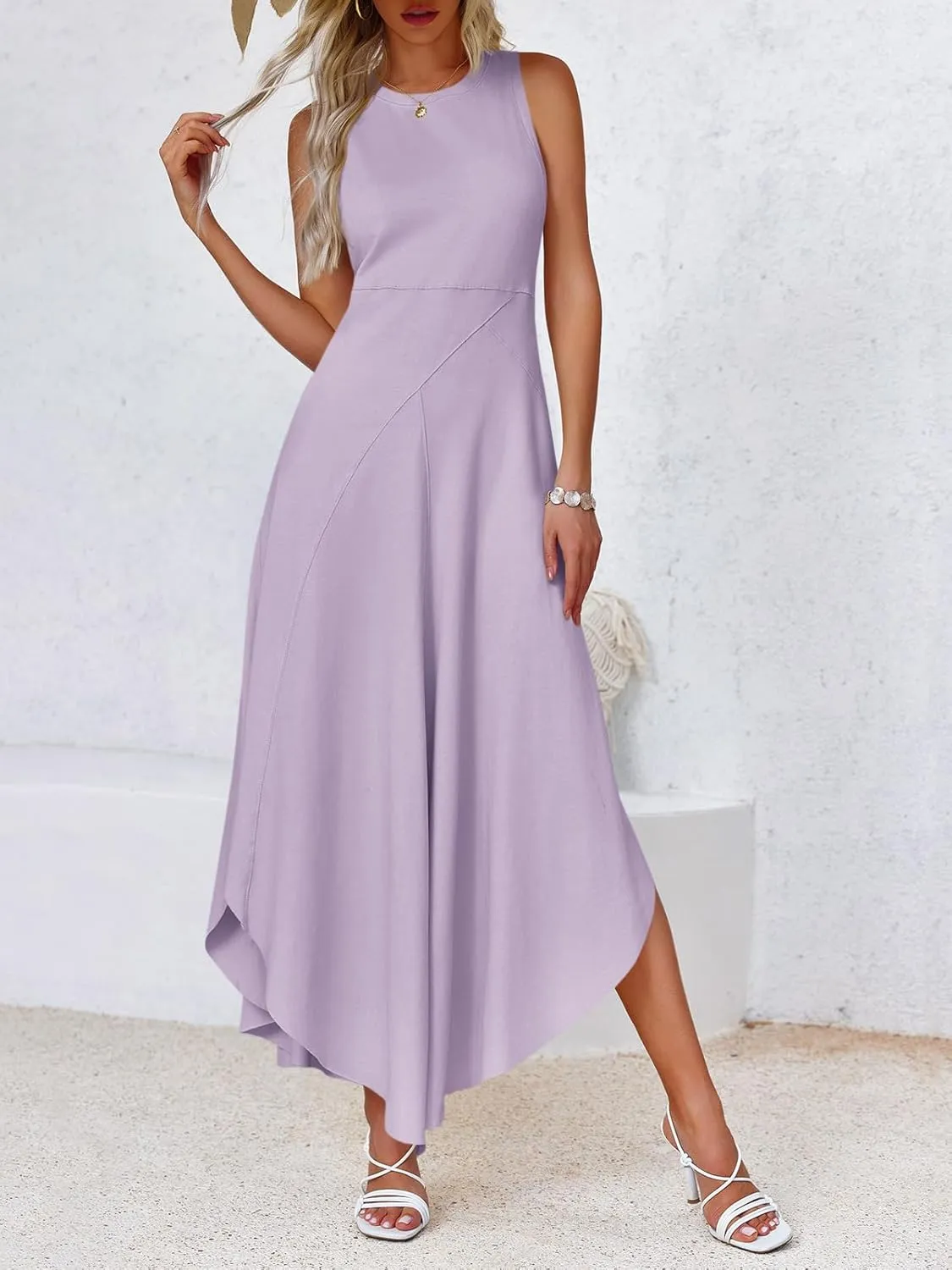 Fisoew Womens Summer Sleeveless Maxi Dress Asymmetrical Hem Crew Neck High Waist A Line Flowy Casual Long Beach Dress