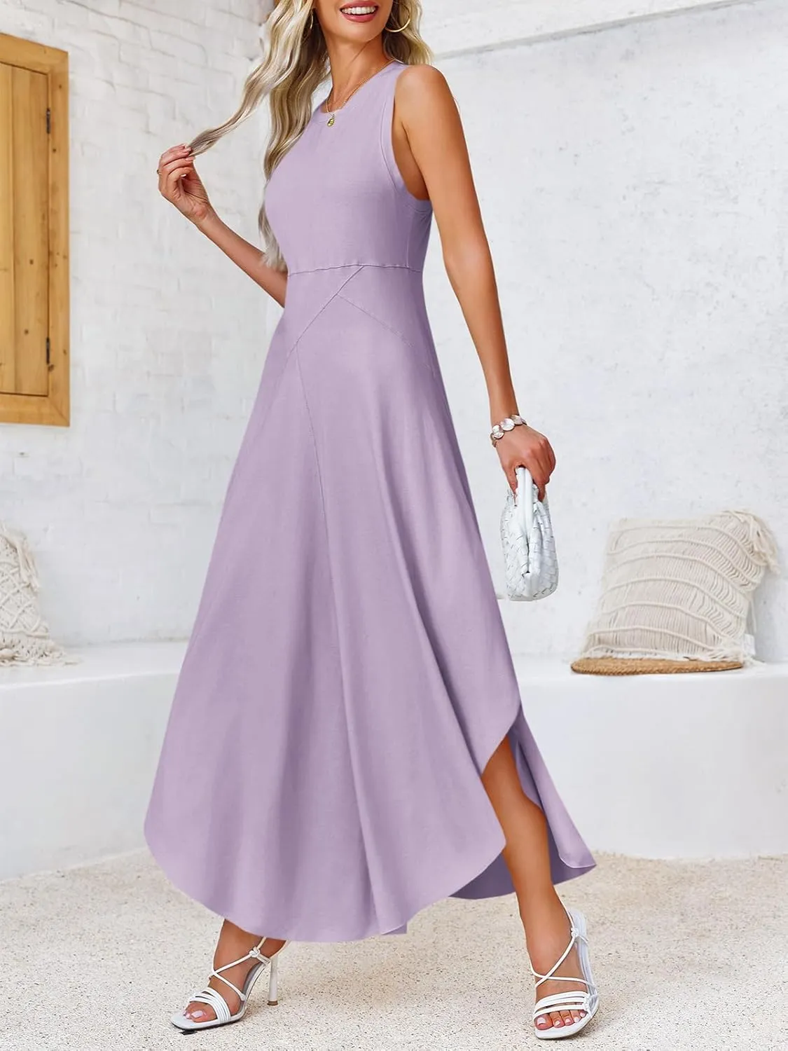 Fisoew Womens Summer Sleeveless Maxi Dress Asymmetrical Hem Crew Neck High Waist A Line Flowy Casual Long Beach Dress