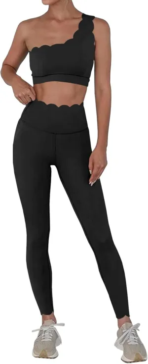 Fisoew Workout Sets for Women 2 Piece High Waisted Leggings with One Shoulder Stretchy Sports Bra Gym Tracksuits