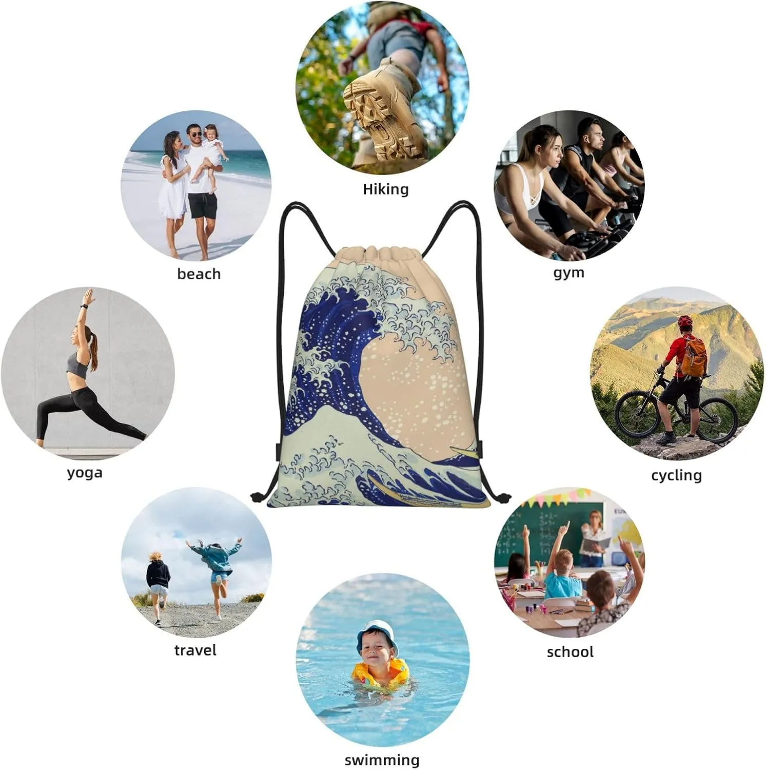 Gianlaima Japanese Kanagawa Ocean Great Wave Waves Drawstring Bags Backpack Sport Ball Bag Sport Gym Sack Drawstring Bag String Bag Yoga Dance Travel Bag For Men Women