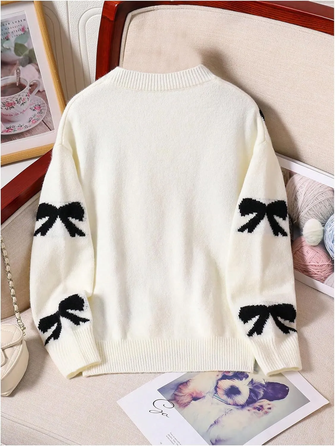 Girl's Cute Bow Sweater Crew Neck Long Sleeve Drop Shoulder Loose Pullover Tops