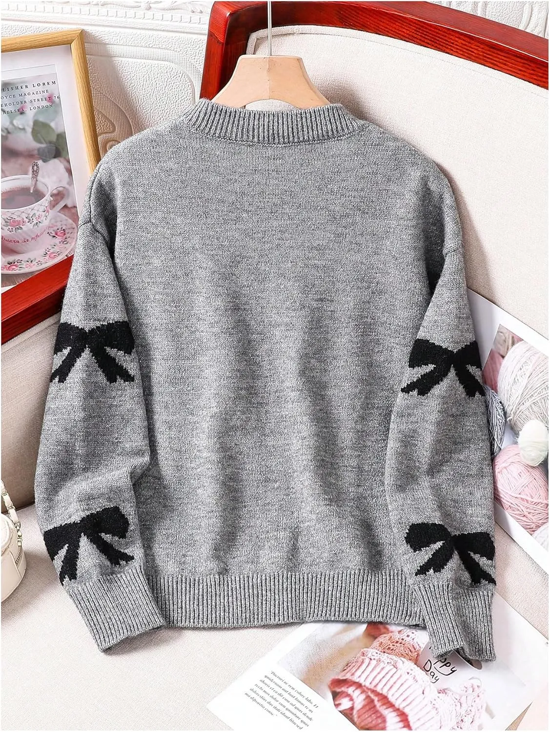 Girl's Cute Bow Sweater Crew Neck Long Sleeve Drop Shoulder Loose Pullover Tops
