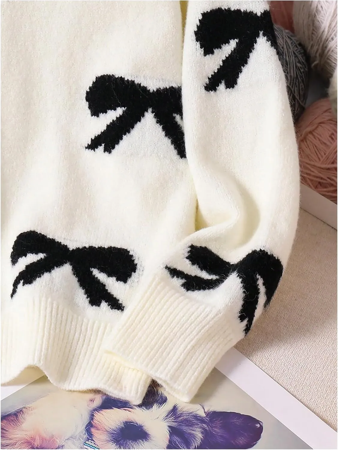 Girl's Cute Bow Sweater Crew Neck Long Sleeve Drop Shoulder Loose Pullover Tops