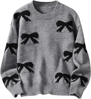 Girl's Cute Bow Sweater Crew Neck Long Sleeve Drop Shoulder Loose Pullover Tops