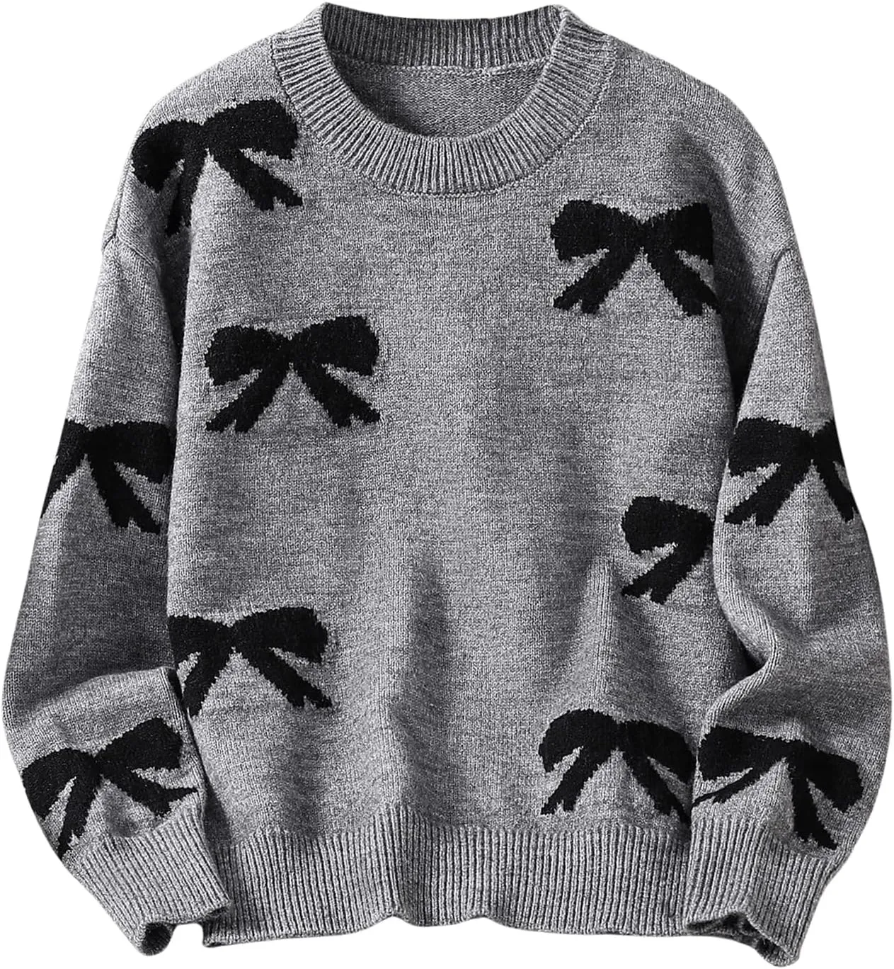 Girl's Cute Bow Sweater Crew Neck Long Sleeve Drop Shoulder Loose Pullover Tops