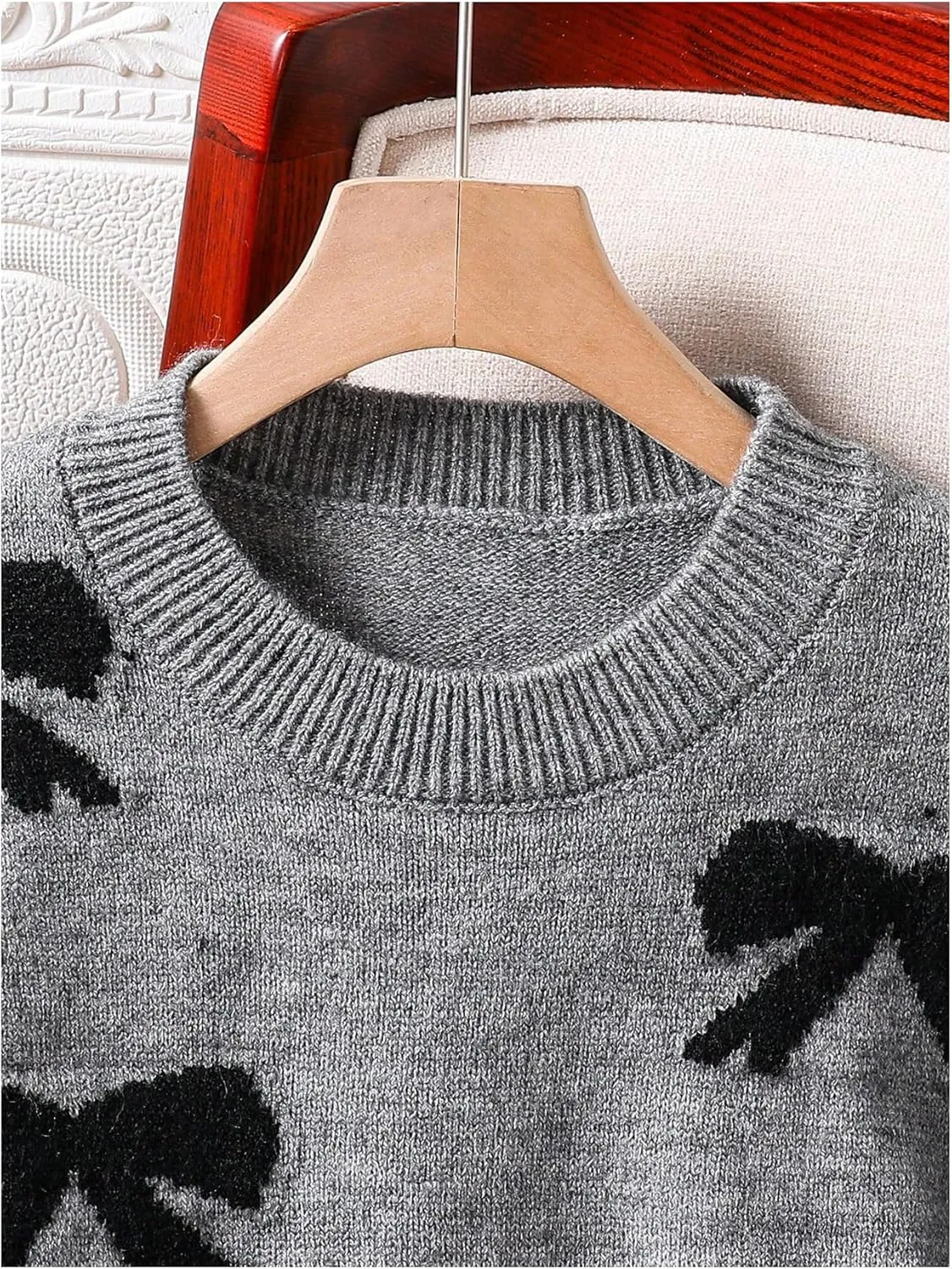 Girl's Cute Bow Sweater Crew Neck Long Sleeve Drop Shoulder Loose Pullover Tops