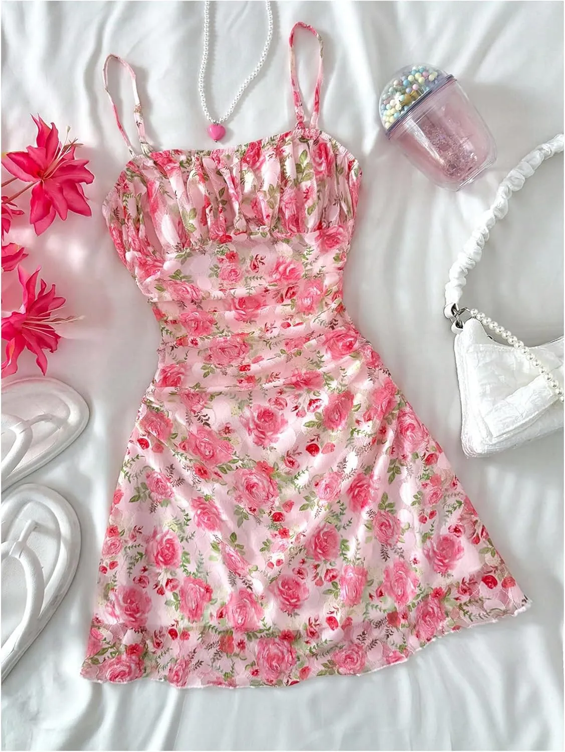 Girl's Floral Mesh Ruched Bust Mini Dress Spaghetti Strap Vacation Summer Cami Dresses