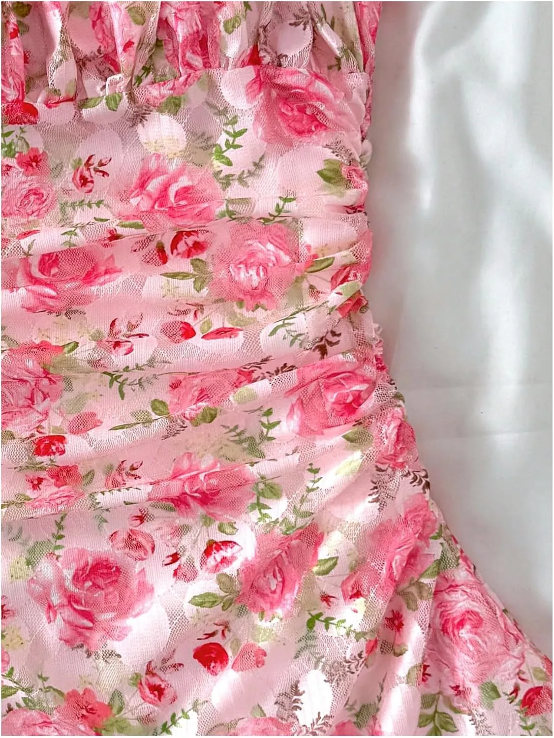 Girl's Floral Mesh Ruched Bust Mini Dress Spaghetti Strap Vacation Summer Cami Dresses