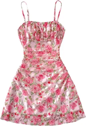 Girl's Floral Mesh Ruched Bust Mini Dress Spaghetti Strap Vacation Summer Cami Dresses