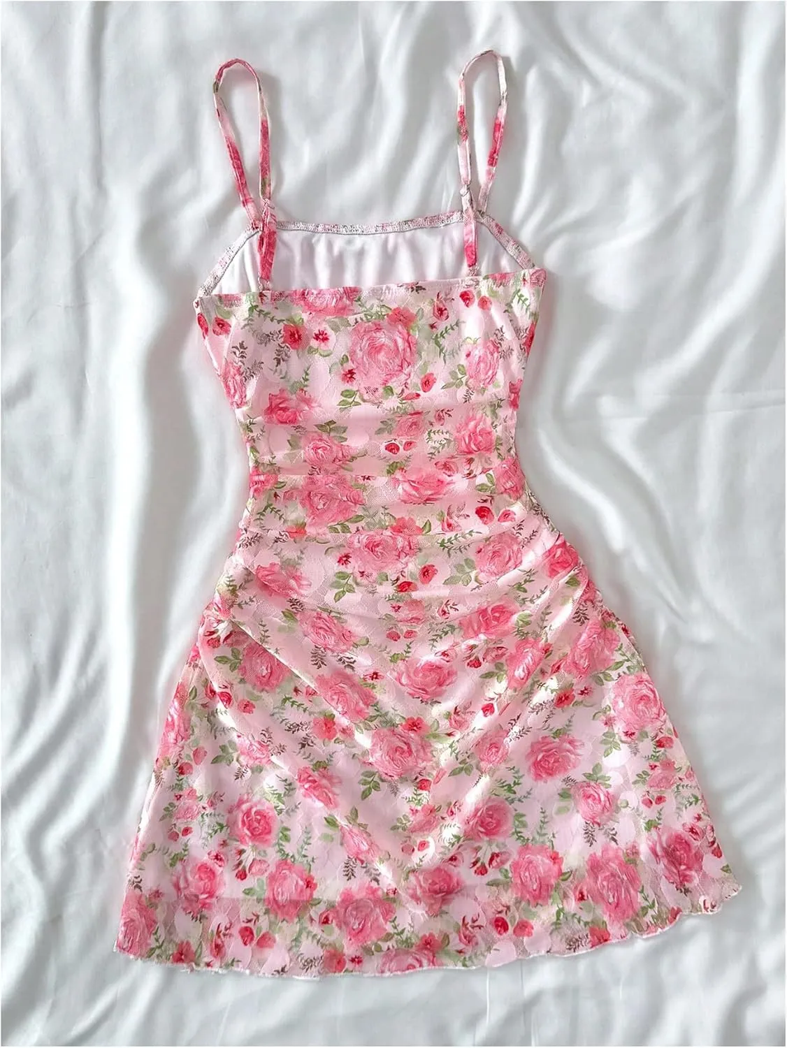 Girl's Floral Mesh Ruched Bust Mini Dress Spaghetti Strap Vacation Summer Cami Dresses