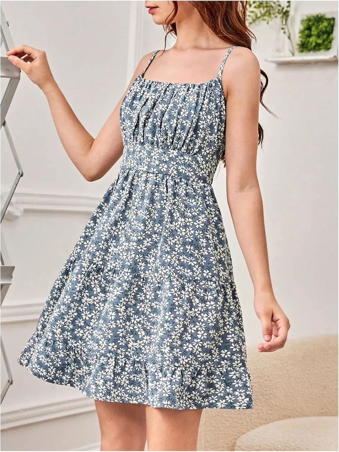 Girl's Summer Dress Floral Ruffle Hem Spaghetti Strap Ruched Bust Cami Short Dress Sundress