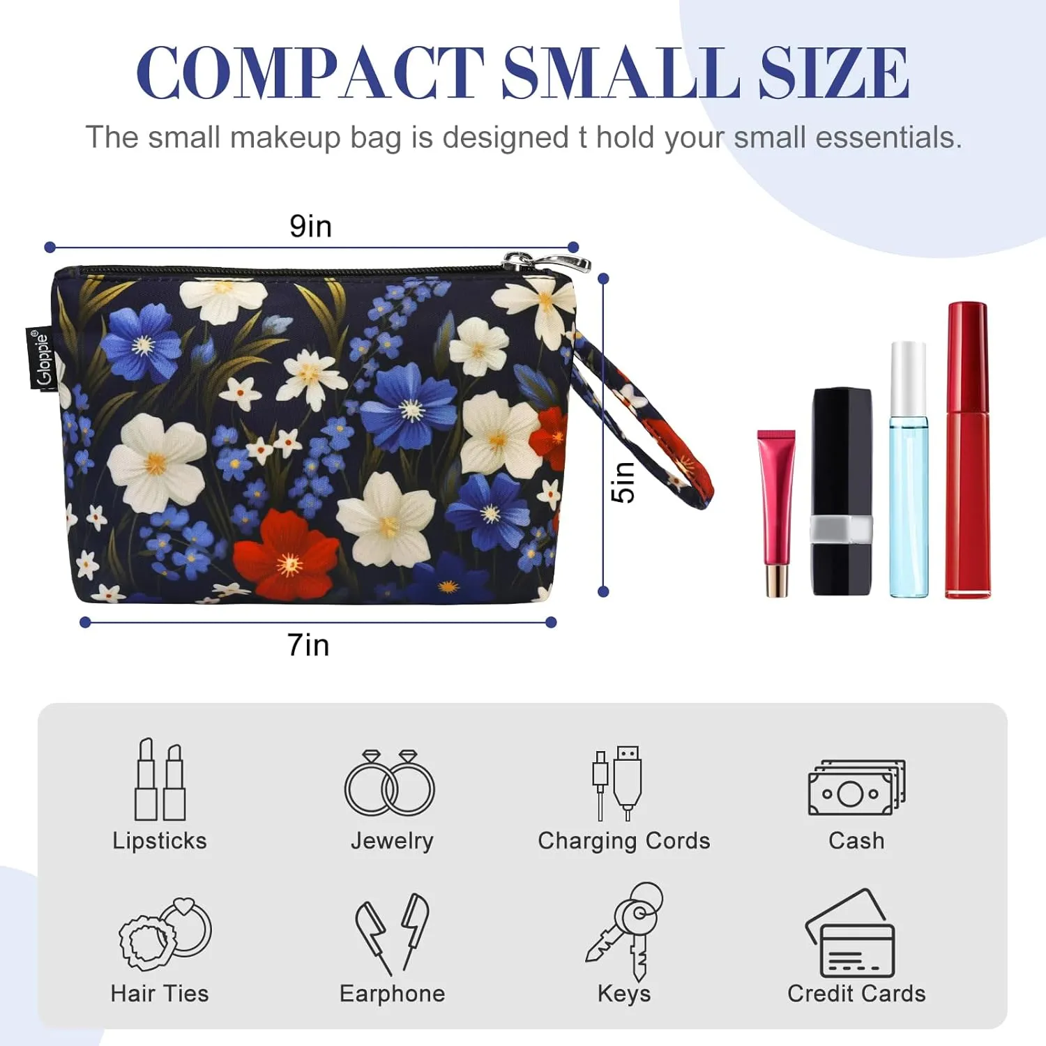 Gloppie Small Makeup Bag for Purse Lightweight Cosmetic Bag Floral Makeup Pouch for Women Blue Red Flower
