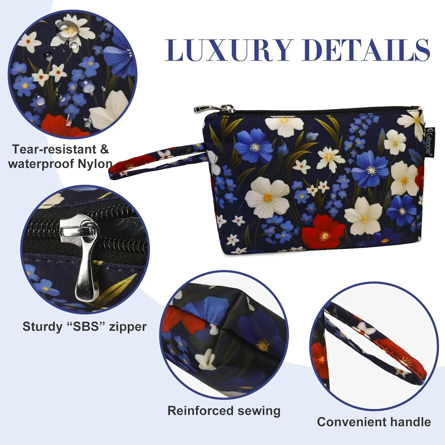 Gloppie Small Makeup Bag for Purse Lightweight Cosmetic Bag Floral Makeup Pouch for Women Blue Red Flower