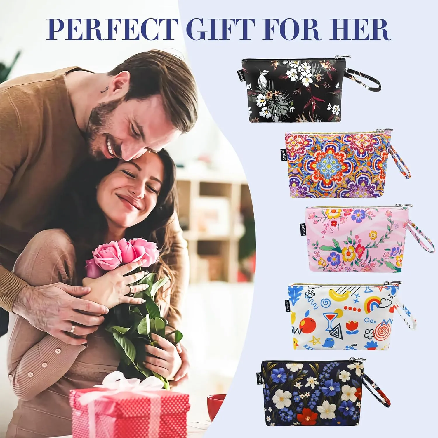 Gloppie Small Makeup Bag for Purse Lightweight Cosmetic Bag Floral Makeup Pouch for Women Blue Red Flower