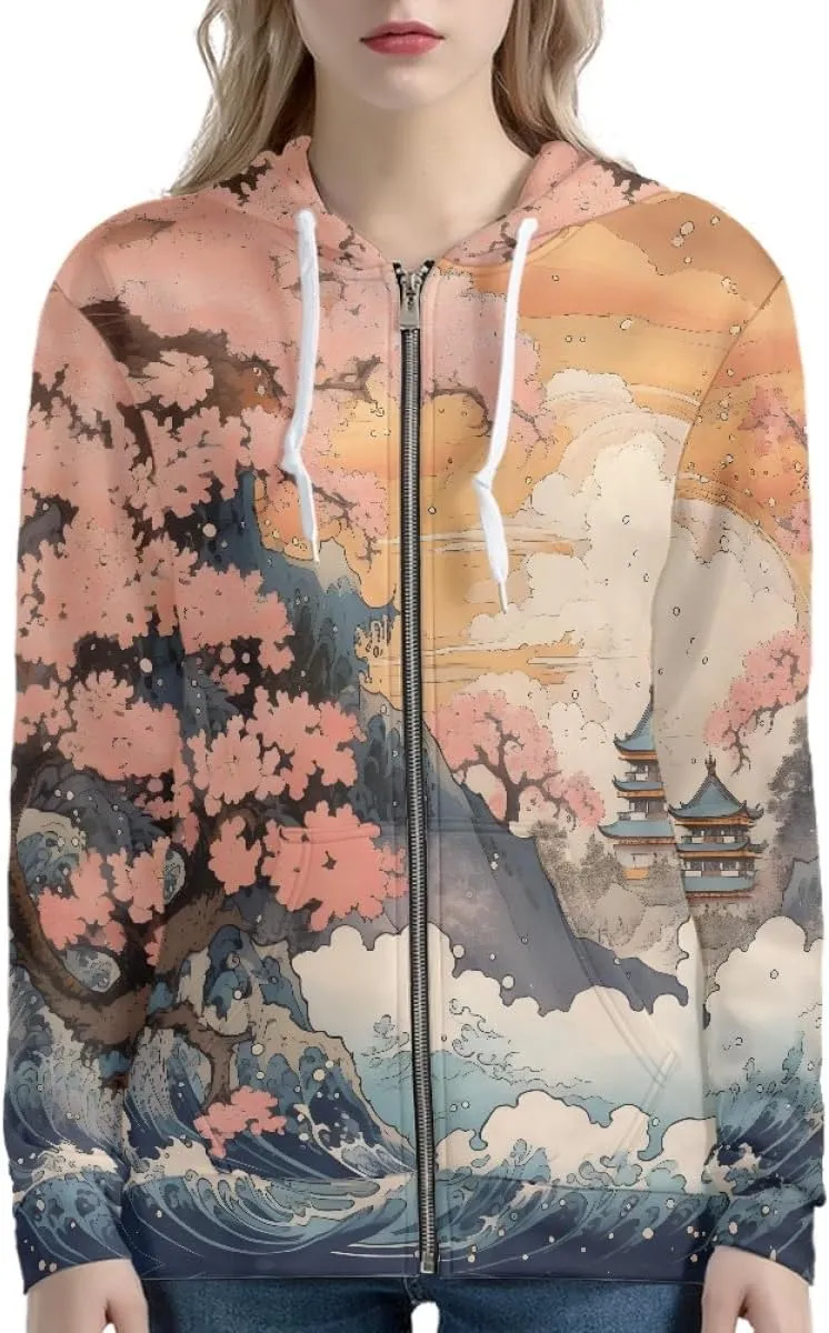 GLUDEAR Women Novelty Graphic Print Zip Up Hoodies Long Sleeve Hooded Sweatshirts Oversized Casual Jackets with Pocket XS-5XL