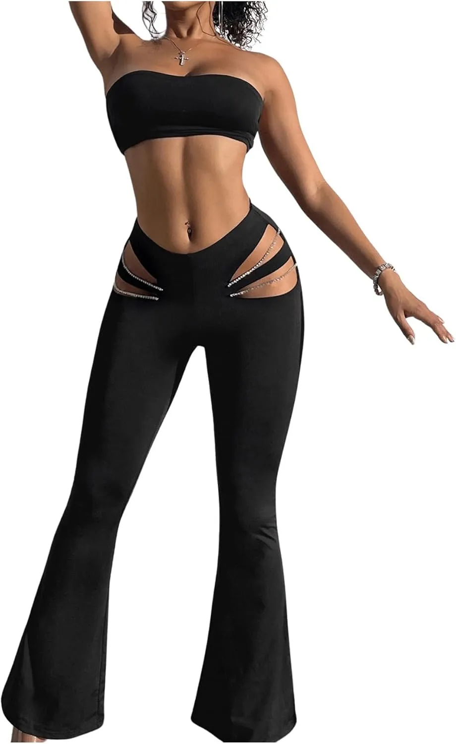 GORGLITTER Women's Rave Cut Out Pants High Waisted Flare Leg Y2K Going Out Pants Disco Bell Bottom Trousers