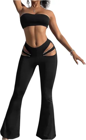 GORGLITTER Women's Rave Cut Out Pants High Waisted Flare Leg Y2K Going Out Pants Disco Bell Bottom Trousers